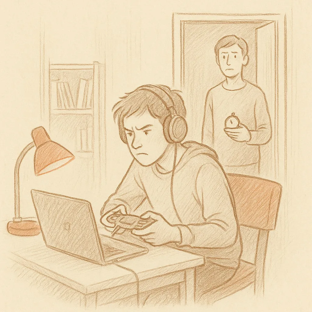 Line art of a teen at a desk mid-game, shoulders tense, while a parent stands in the doorway holding a small kitchen timer