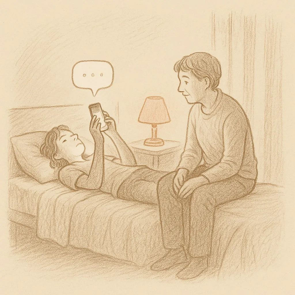 Line art of a teen lying on a bed lit by a phone screen, a chat bubble glowing above it, a parent sitting on the edge of the bed listening