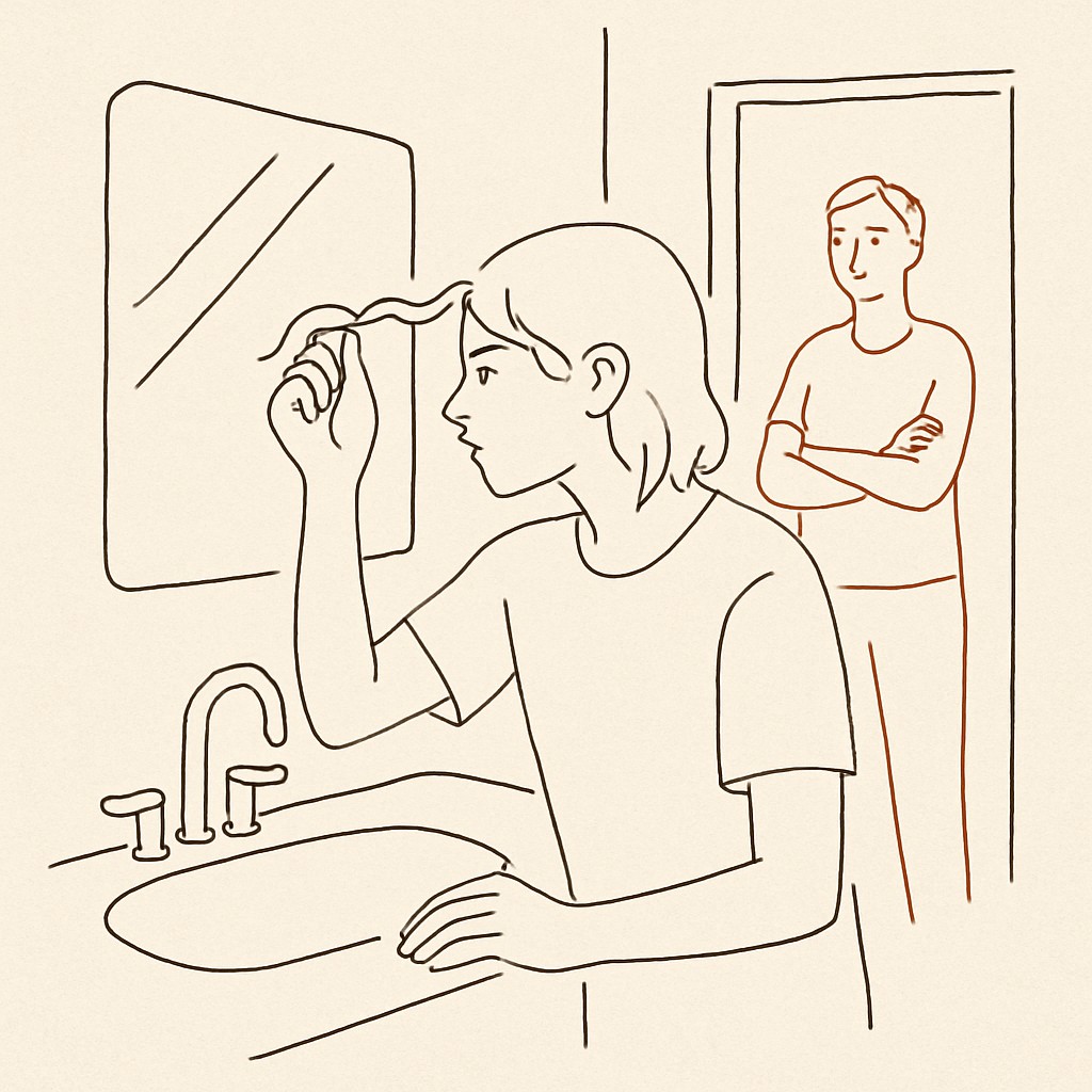 Line art of a teen in front of a bathroom mirror holding a strand of hair, parent in the doorway