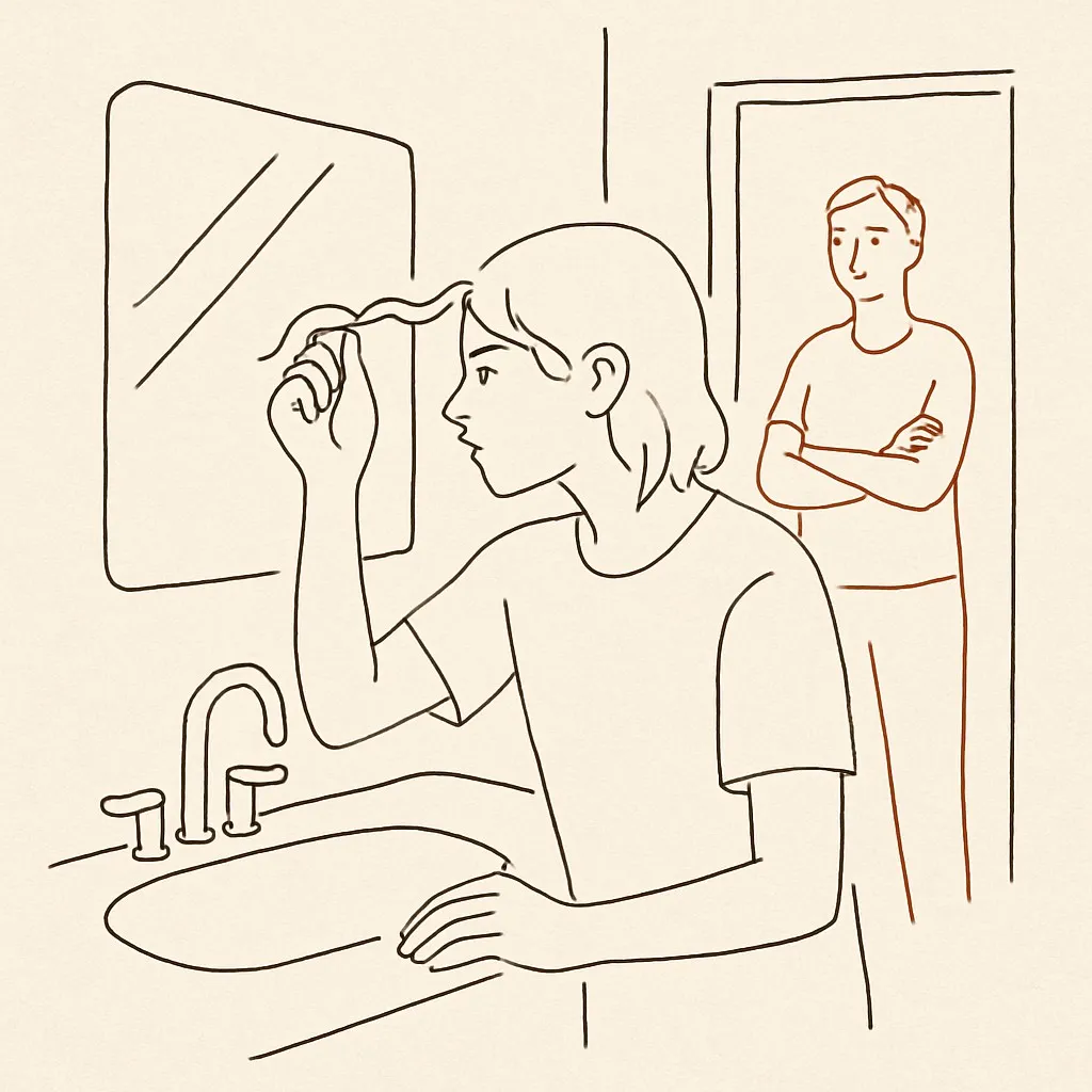 Line art of a teen in front of a bathroom mirror holding a strand of hair, parent in the doorway