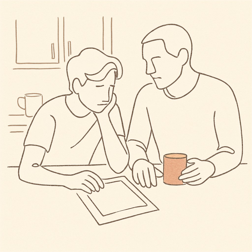 Line art of a teen and parent at a kitchen counter, a help-wanted flyer between them