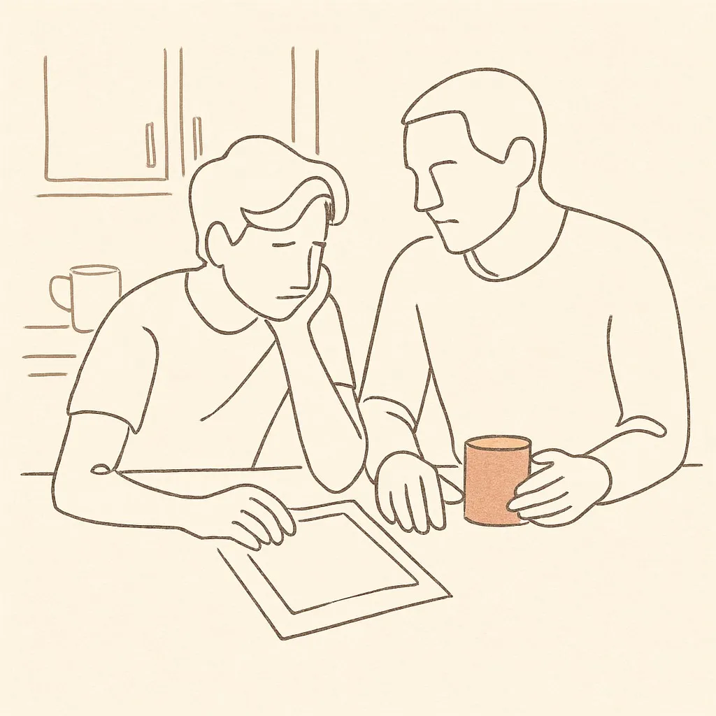 Line art of a teen and parent at a kitchen counter, a help-wanted flyer between them