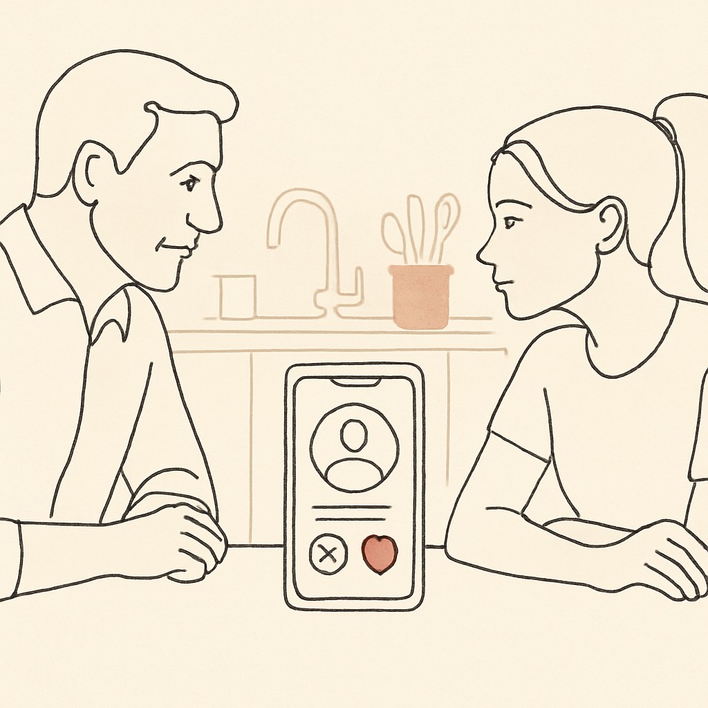 Line art of a phone on a kitchen counter showing a generic dating-app interface, parent and teen on either side