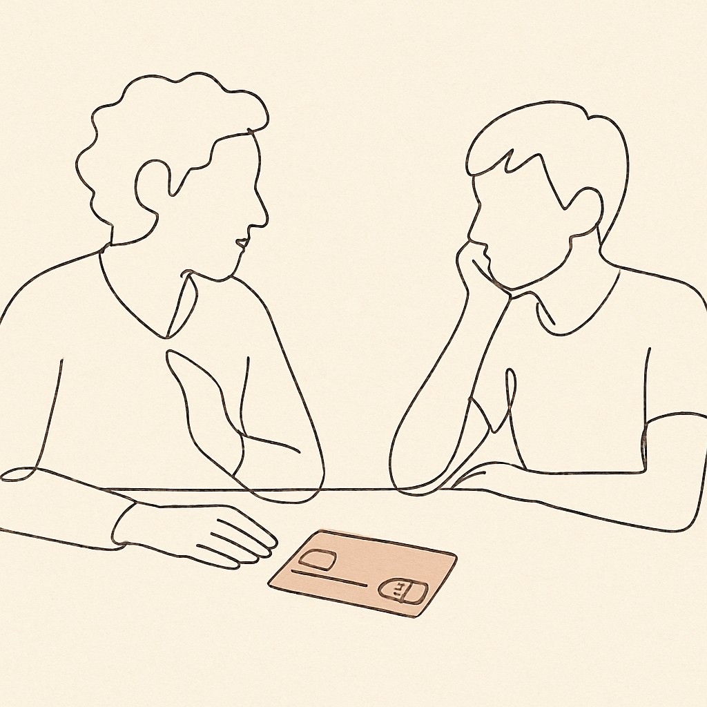 Line art of a debit card on a wooden table, parent and teen on either side