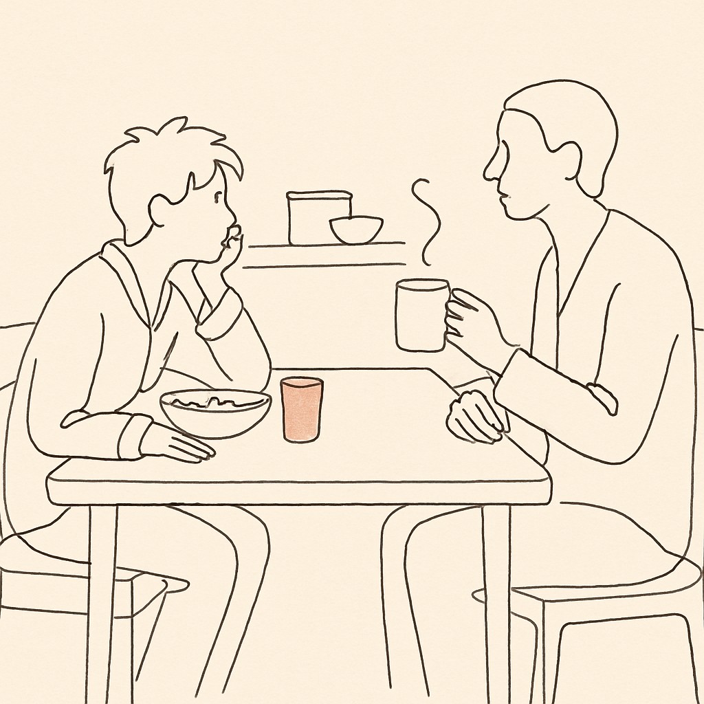 Line art of a teen at a kitchen table in pajamas, morning light, parent across with coffee