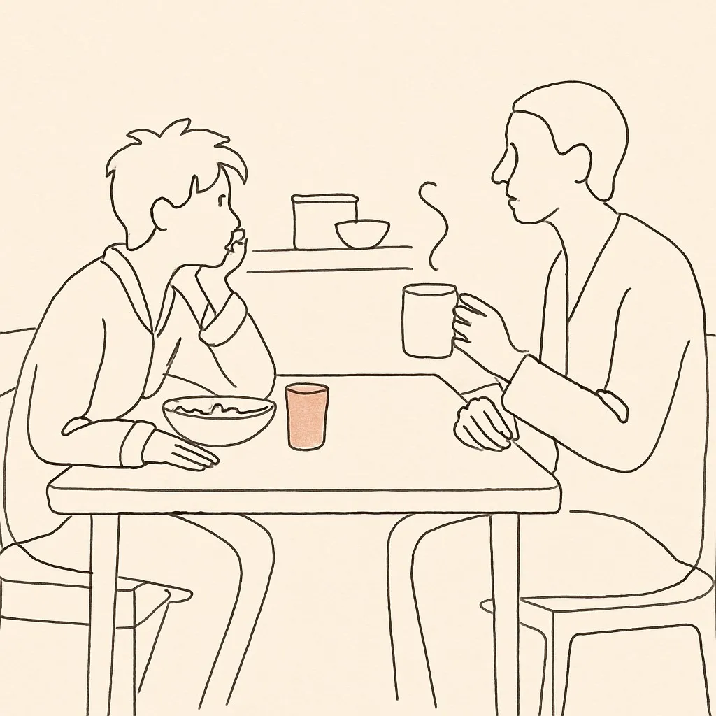 Line art of a teen at a kitchen table in pajamas, morning light, parent across with coffee