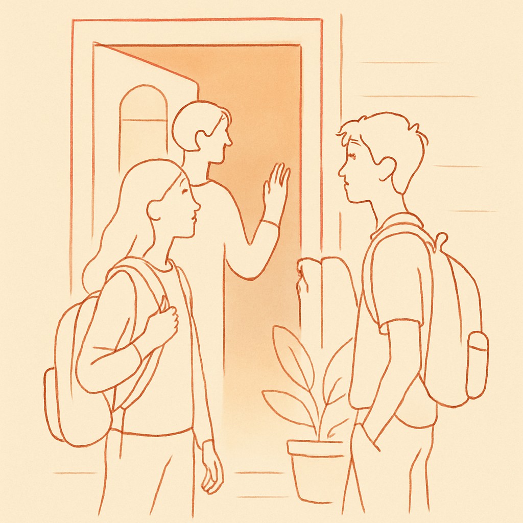 Line art of two teens at a front door at dusk, parent half-visible inside