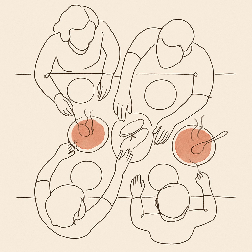 Line art of a family dinner table from above with steaming bowls, hands reaching across