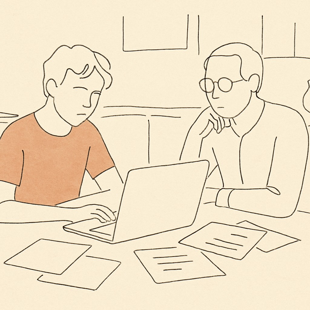 Line art of a laptop on a kitchen table, a teen and parent on either side, papers scattered