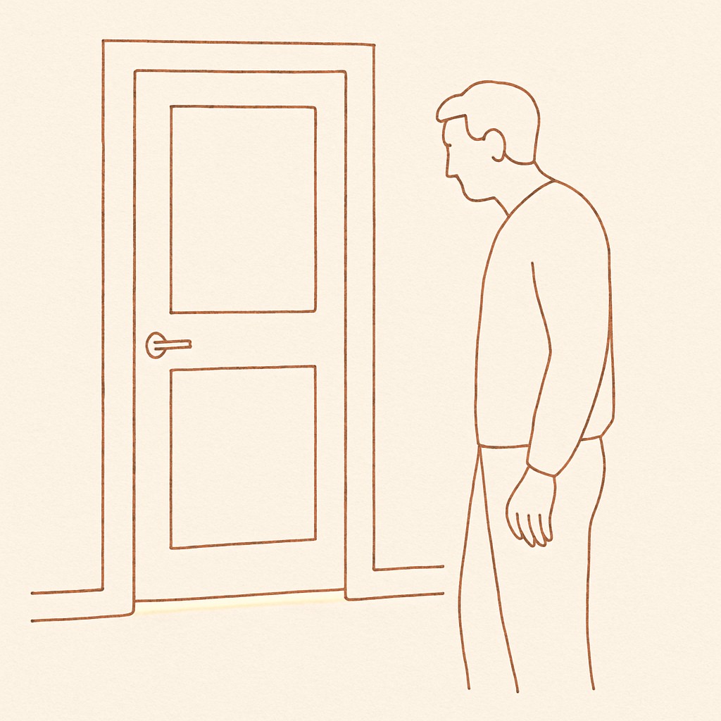 Line art of a teen's closed bedroom door with a soft light strip under it, parent in the hallway