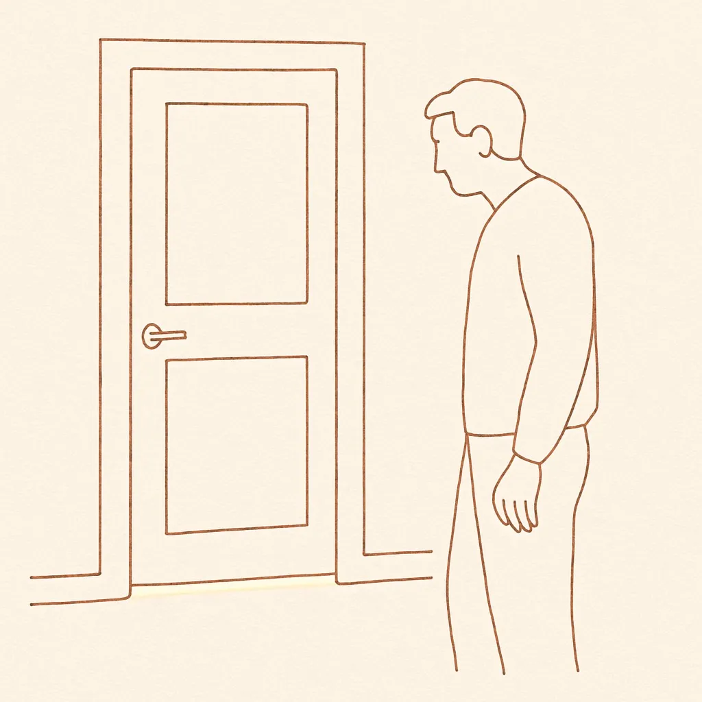 Line art of a teen's closed bedroom door with a soft light strip under it, parent in the hallway