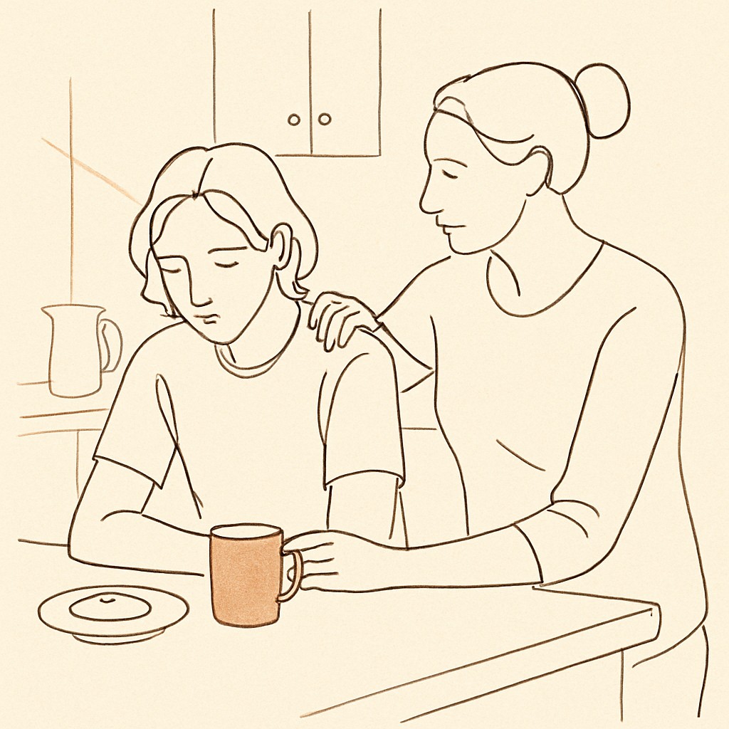 Line art of a teen and parent at a kitchen counter, soft afternoon light
