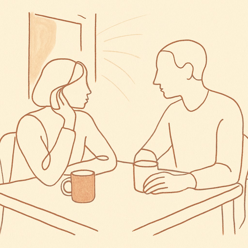 Line art of two figures at a kitchen table with two mugs, warm late-afternoon light