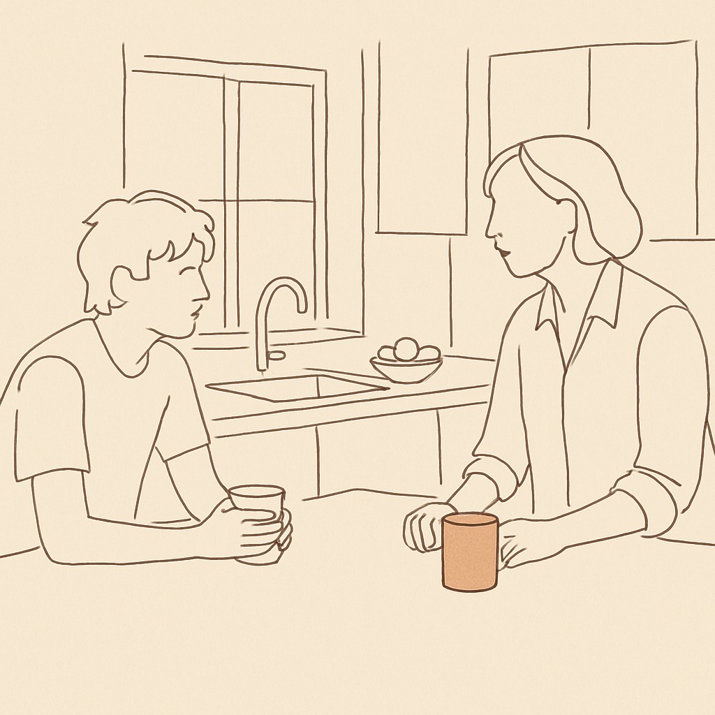 Line art of a teen at a kitchen counter, parent across, soft afternoon light