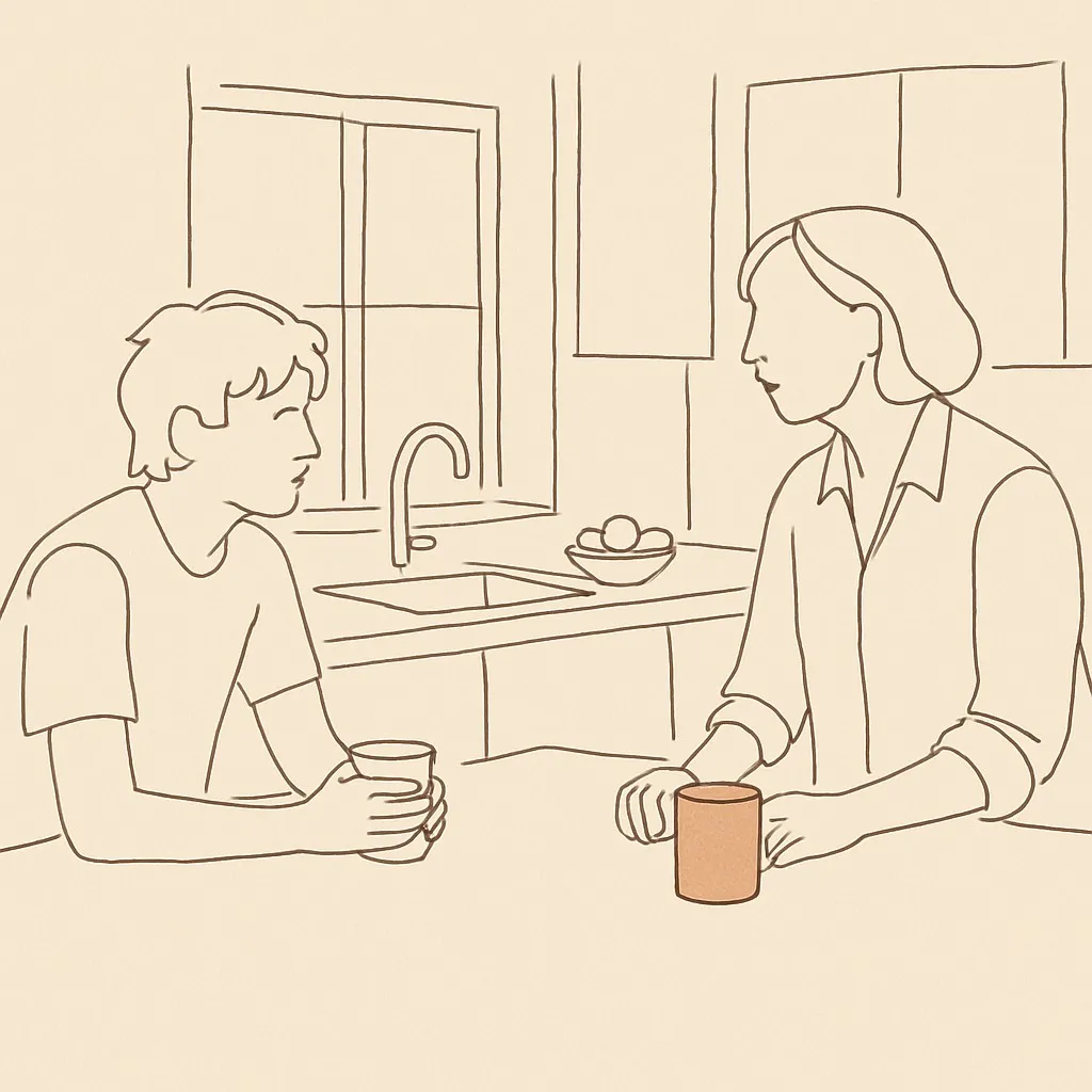 Line art of a teen at a kitchen counter, parent across, soft afternoon light