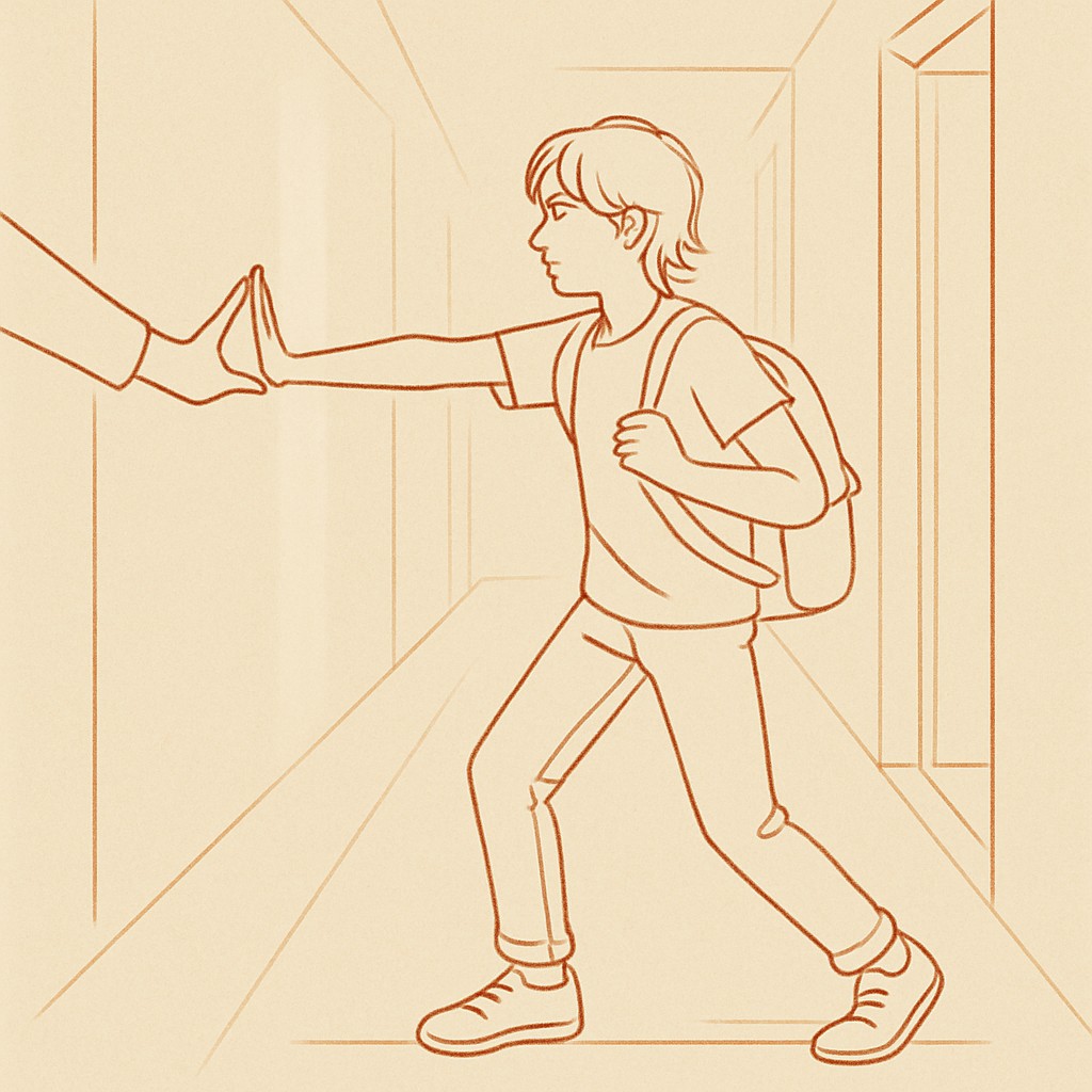 Line art of a teen pulling back from a parent's hand in a hallway, soft light
