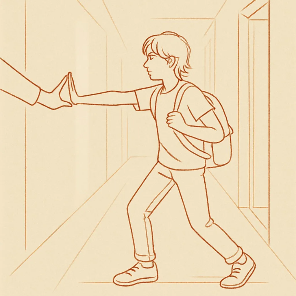 Line art of a teen pulling back from a parent's hand in a hallway, soft light