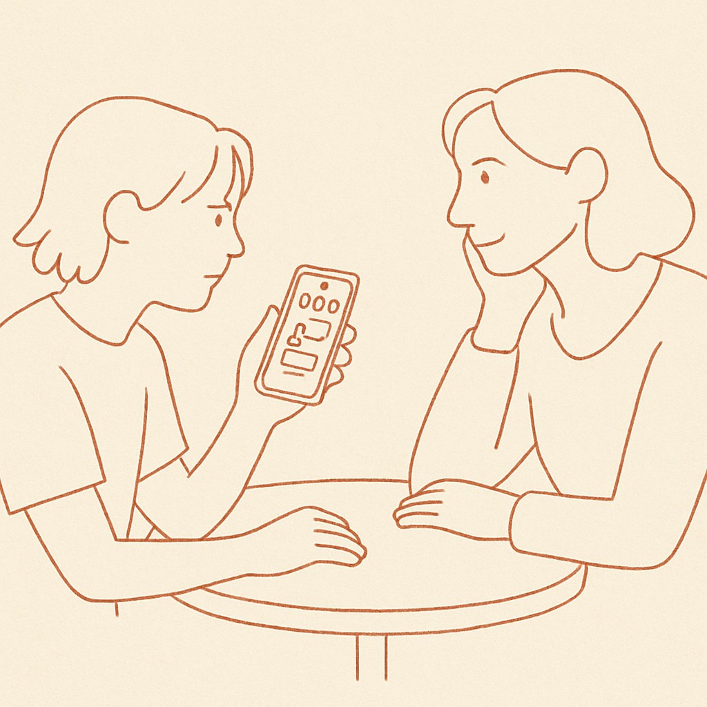 Line art of a teen holding a phone showing a group chat, talking to a parent across a small table