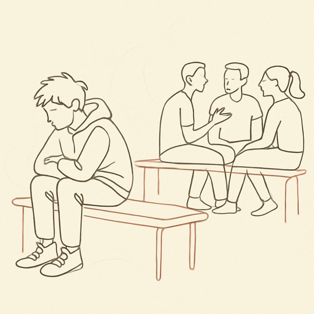 Line art of a teen sitting alone on a school bench at the edge of a small group