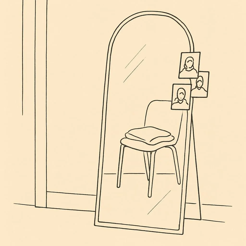 Line art of a bedroom mirror reflecting a folded blanket on a chair behind a small cluster of school photos taped to the frame in dim afternoon light