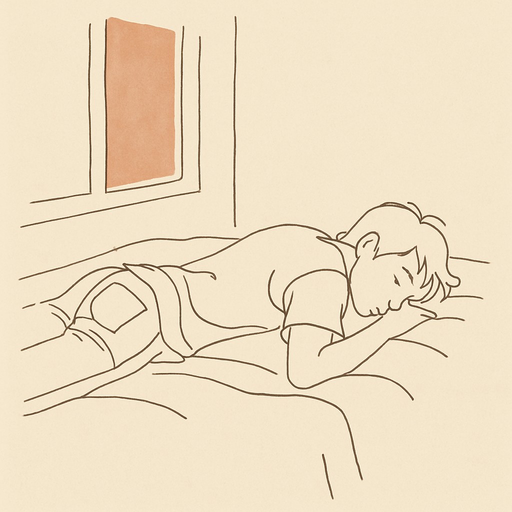 Line art of a teen face-down on a bed in dim afternoon light, soft window light
