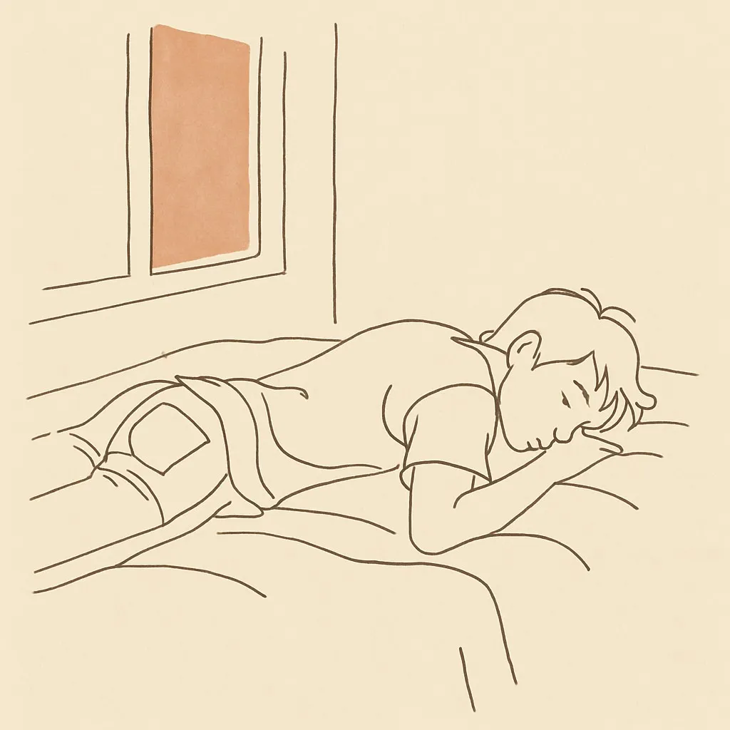 Line art of a teen face-down on a bed in dim afternoon light, soft window light