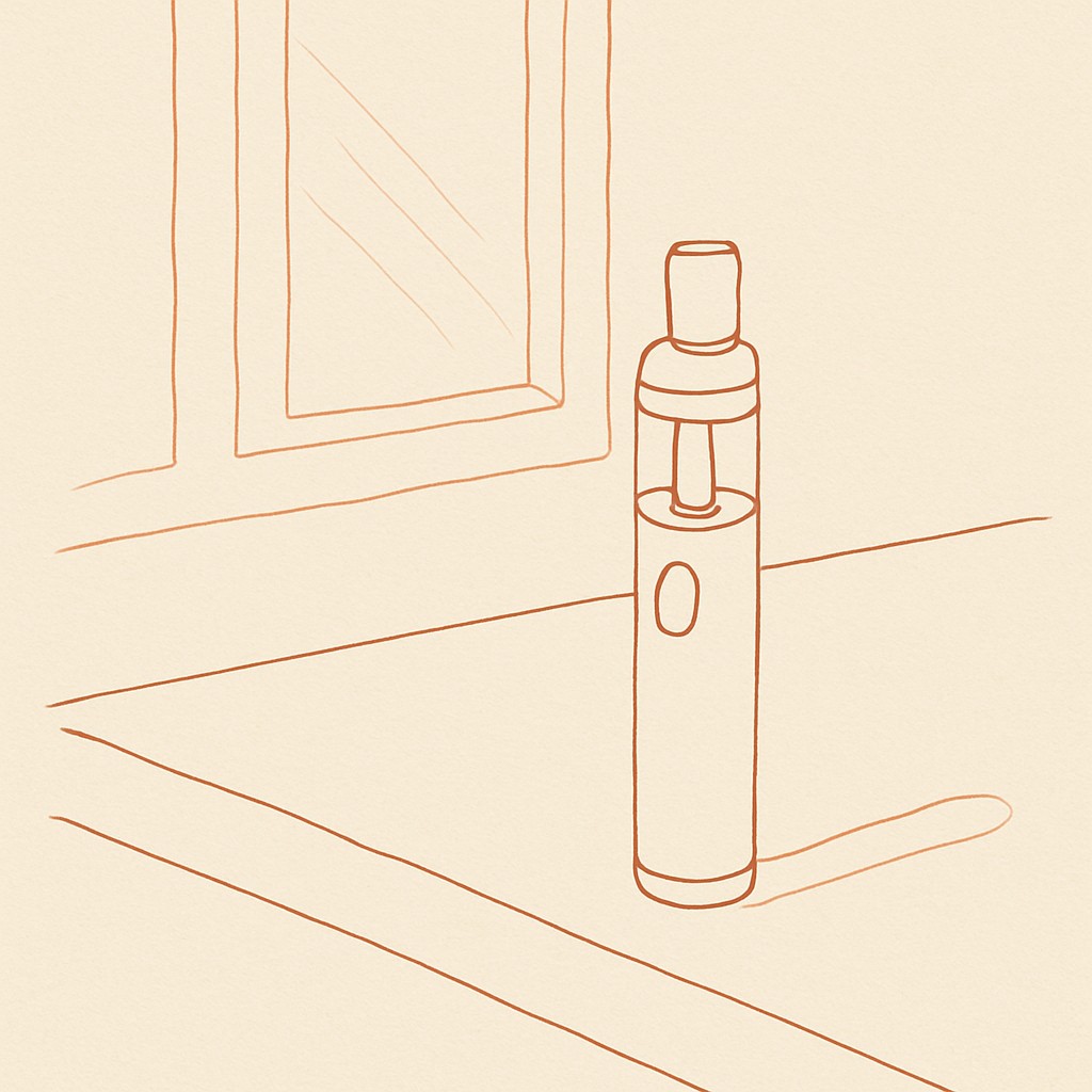Line art of a small vape pen on a desk in dim afternoon light