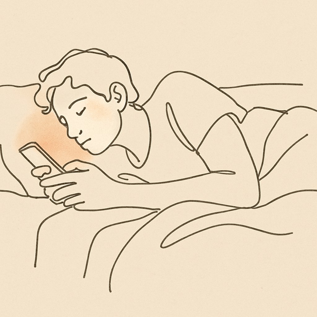 Line art of a teen lying on a bed scrolling a phone in dim light, the phone glow on their face