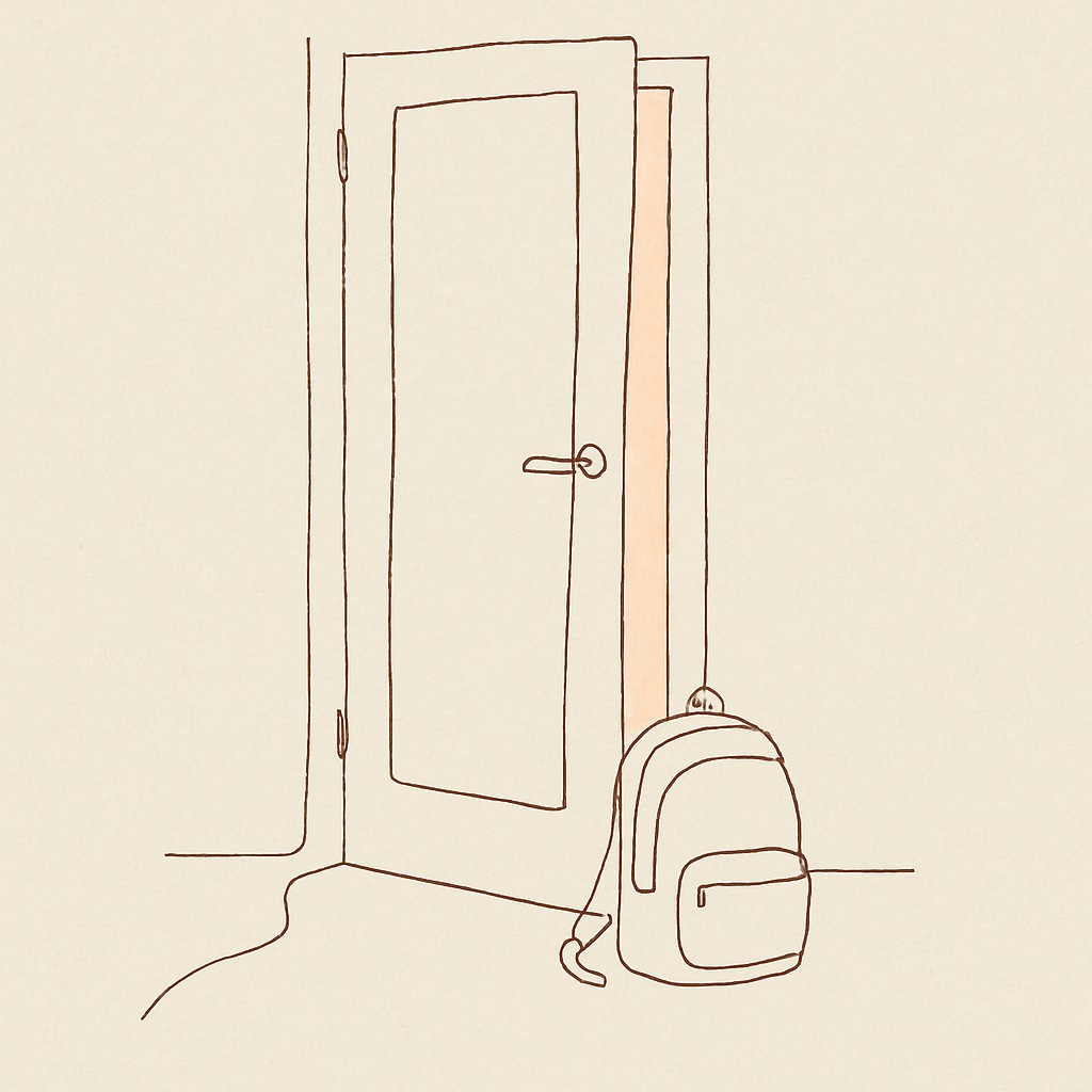 Line art of a teen's bedroom door with a backpack on the floor, soft hallway light spilling through