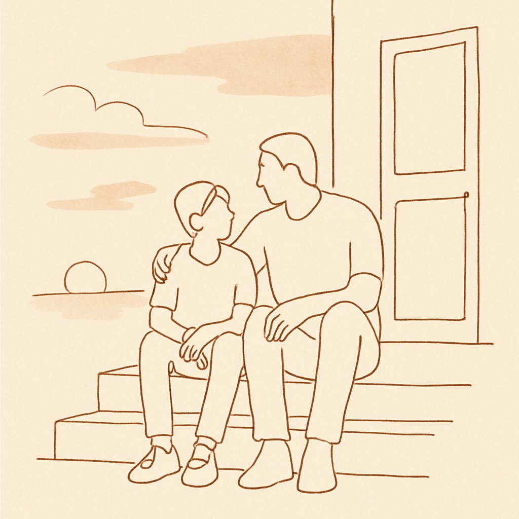 Line art of a teen and parent sitting on a porch step at dusk, soft warm sky