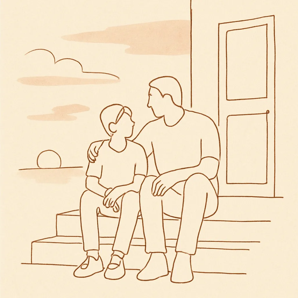 Line art of a teen and parent sitting on a porch step at dusk, soft warm sky