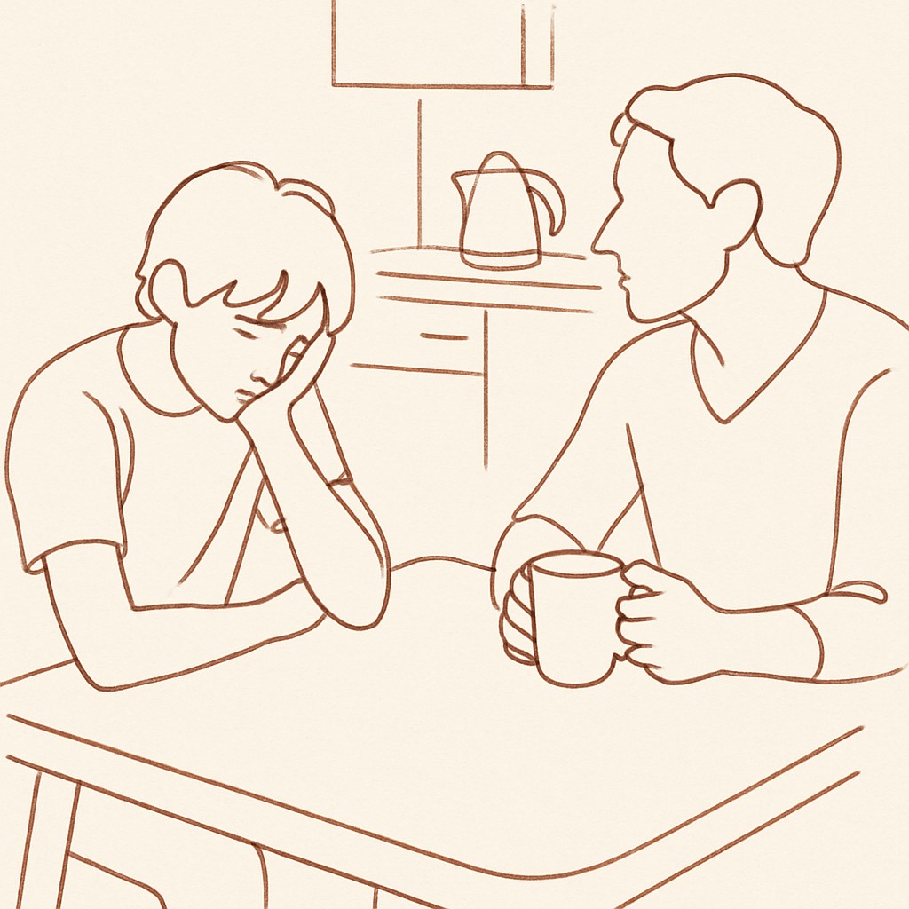 Line art of a teen sitting at a kitchen table looking down, parent across with a coffee cup