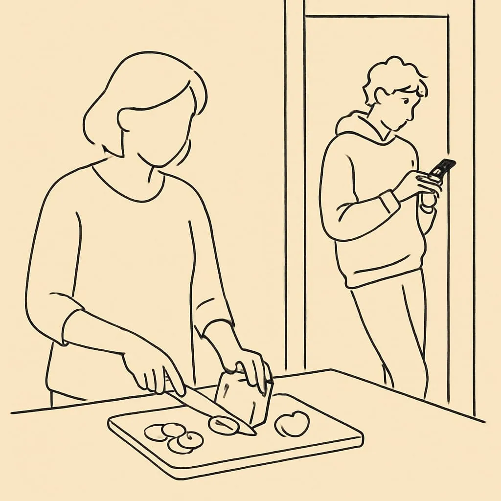 Line art of a parent slicing vegetables at a kitchen counter while a teen leans on the doorframe scrolling a phone in soft evening light