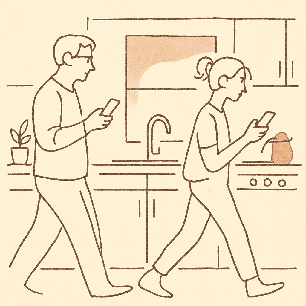 Line art of a parent and teen passing each other in a kitchen at dusk, both holding phones