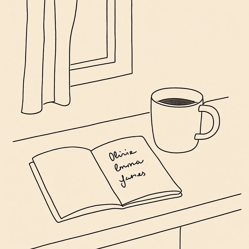 Line art of an open notebook on a kitchen counter with a few first names written in a list, a half-drunk mug of coffee beside it in morning window light