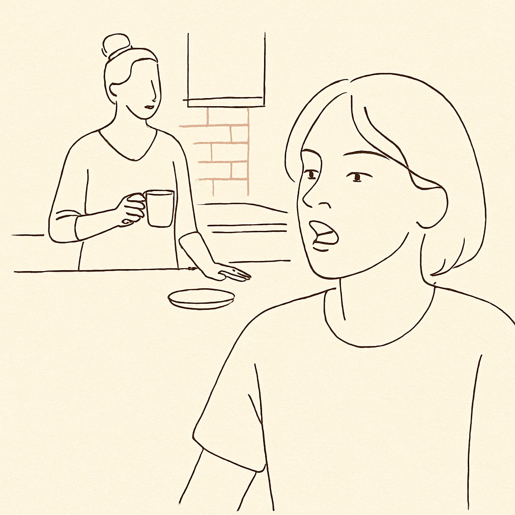 Line art of a parent at a kitchen counter holding a coffee cup, a teen mid-sentence in the foreground