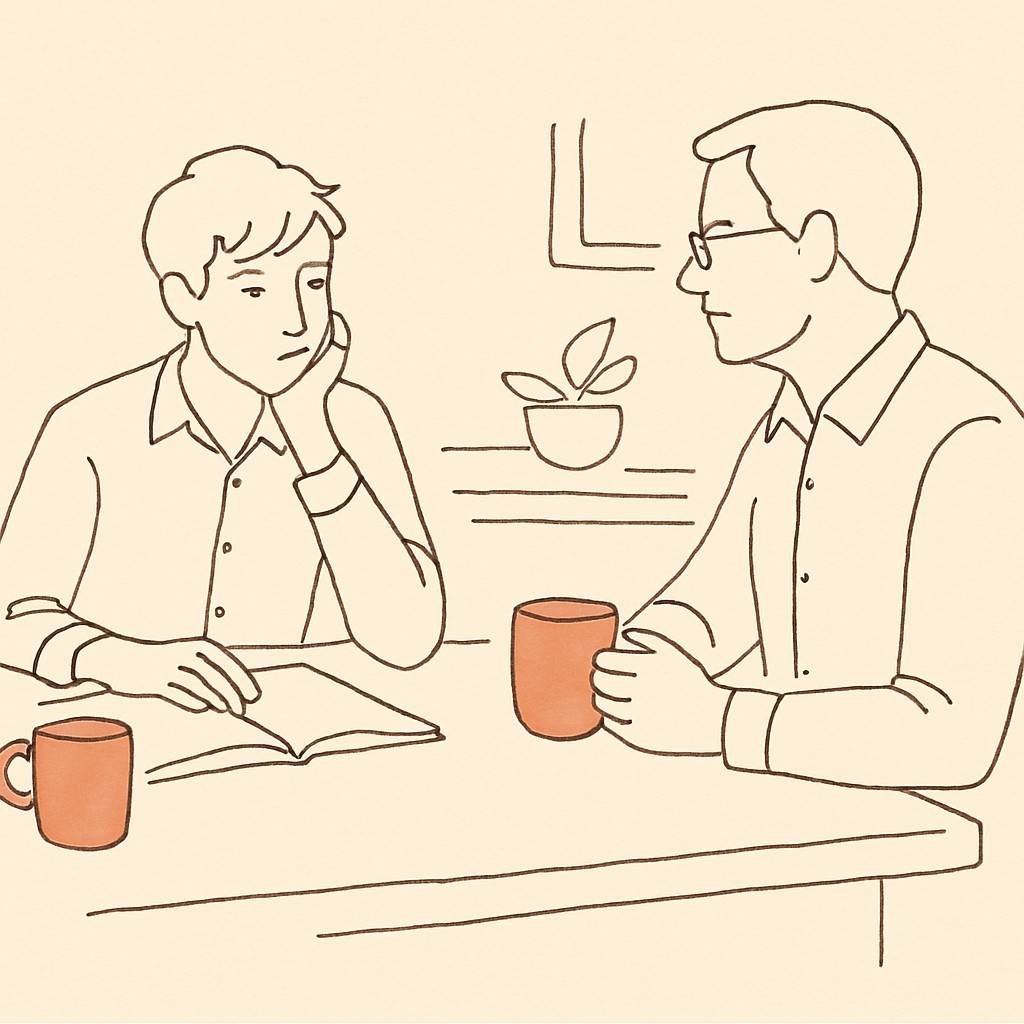 Line art of a teen at a kitchen table in business-casual clothes, parent across with a coffee cup