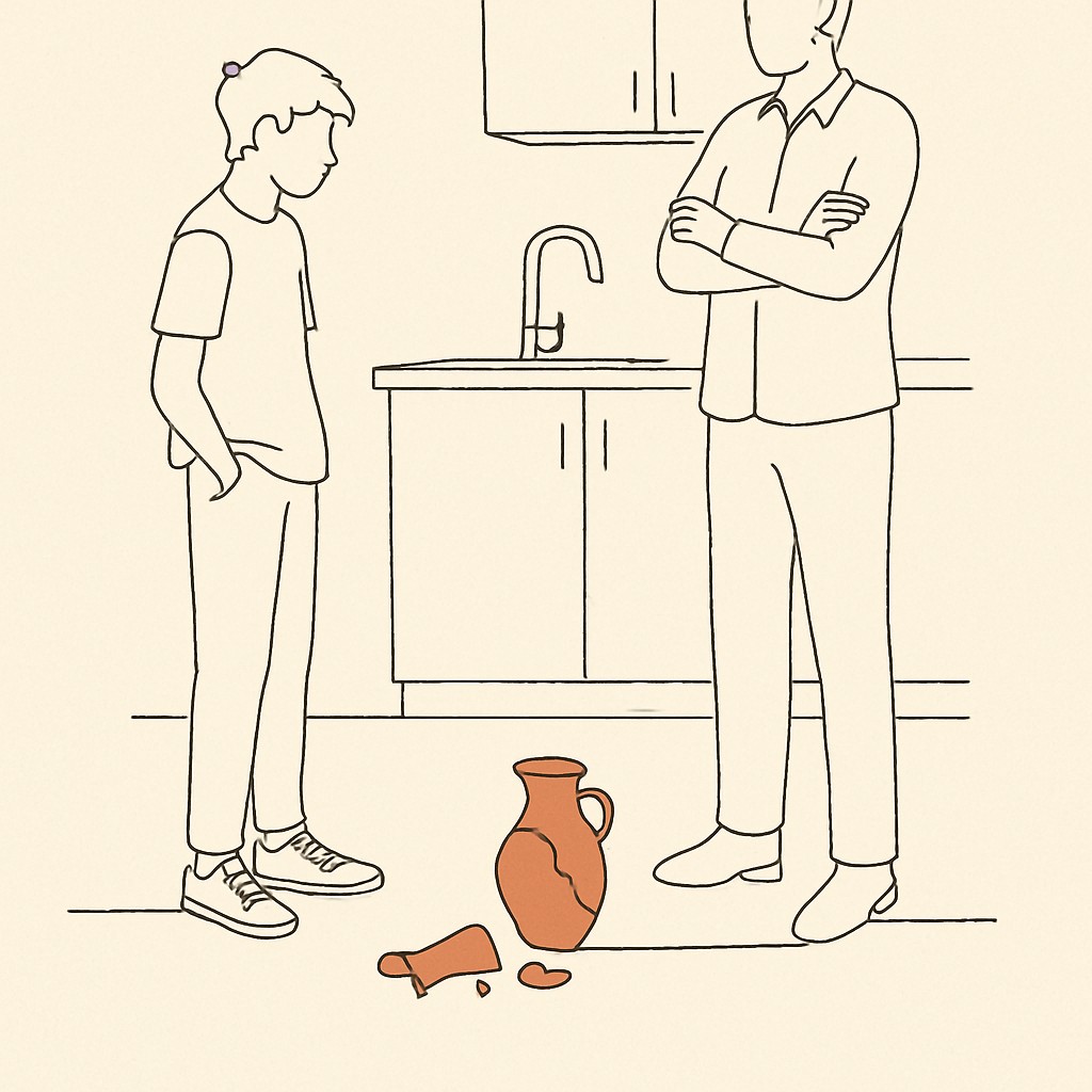 Line art of a broken vase on a kitchen floor, a teen and parent standing on either side