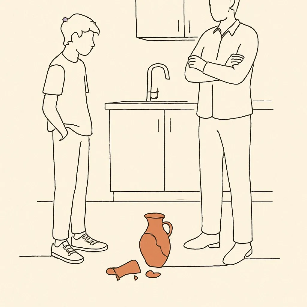 Line art of a broken vase on a kitchen floor, a teen and parent standing on either side