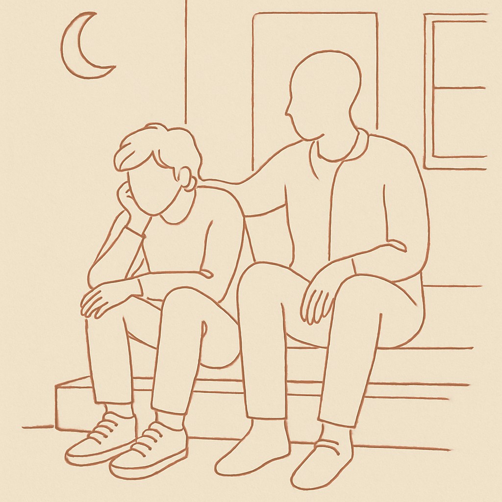 Line art of a teen on a porch step at dusk, parent sitting beside