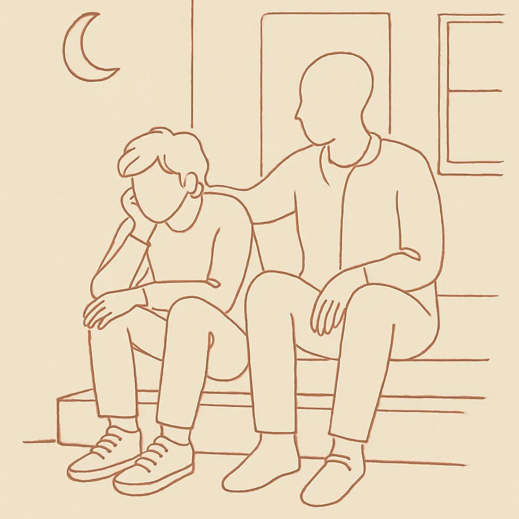 Line art of a teen on a porch step at dusk, parent sitting beside