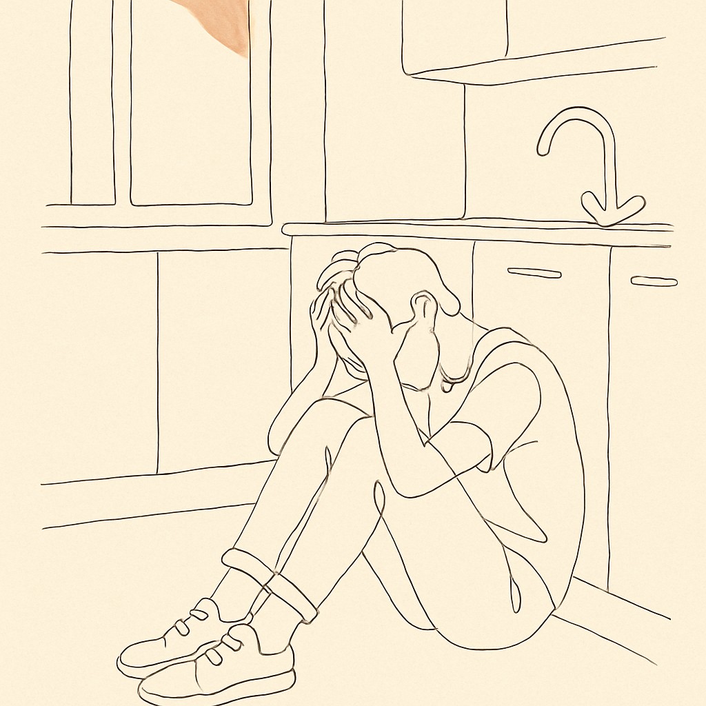 Line art of a teen sitting on a kitchen floor with their head in their hands, soft window light