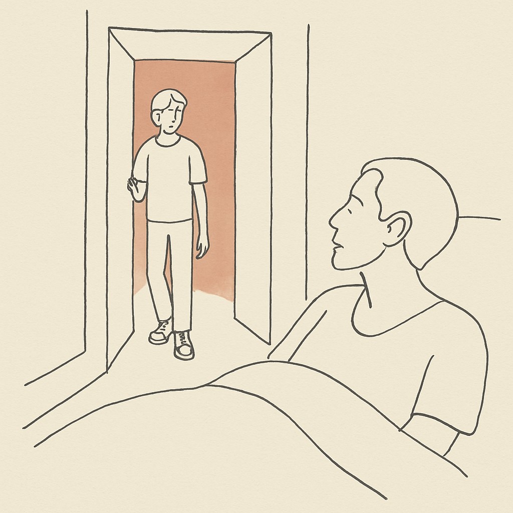 Line art of a teen in a doorway in a dimly lit hallway, parent in bed turning their head