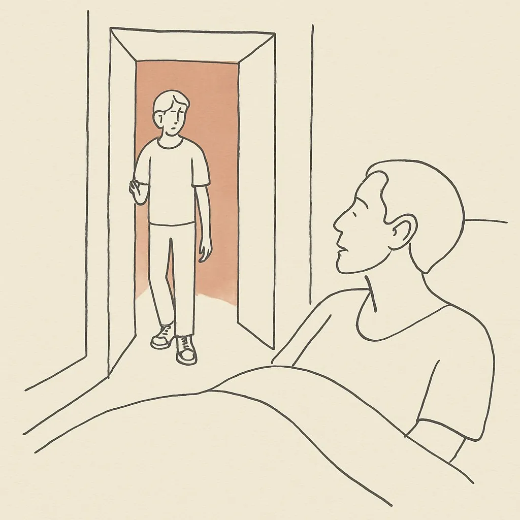 Line art of a teen in a doorway in a dimly lit hallway, parent in bed turning their head