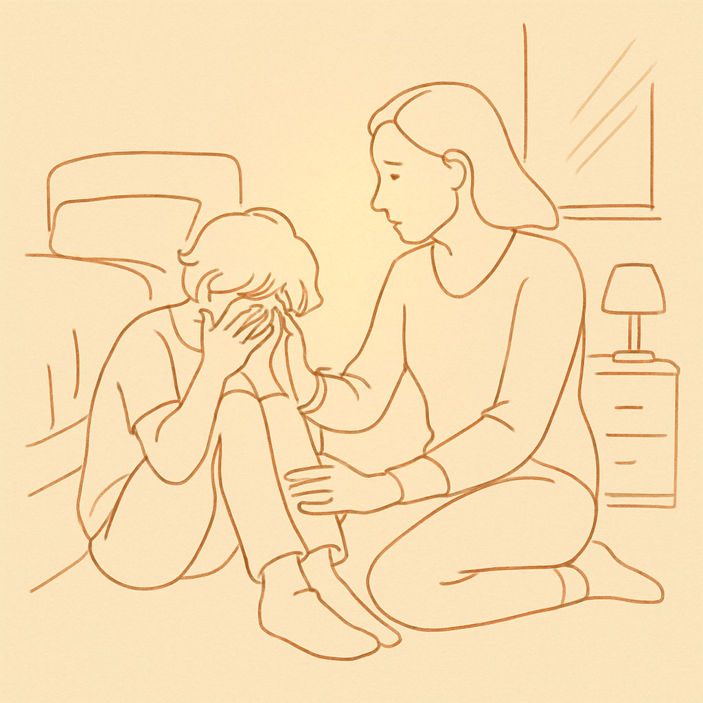 Line art of a teen sitting on a bedroom floor crying, parent sitting beside, soft warm light
