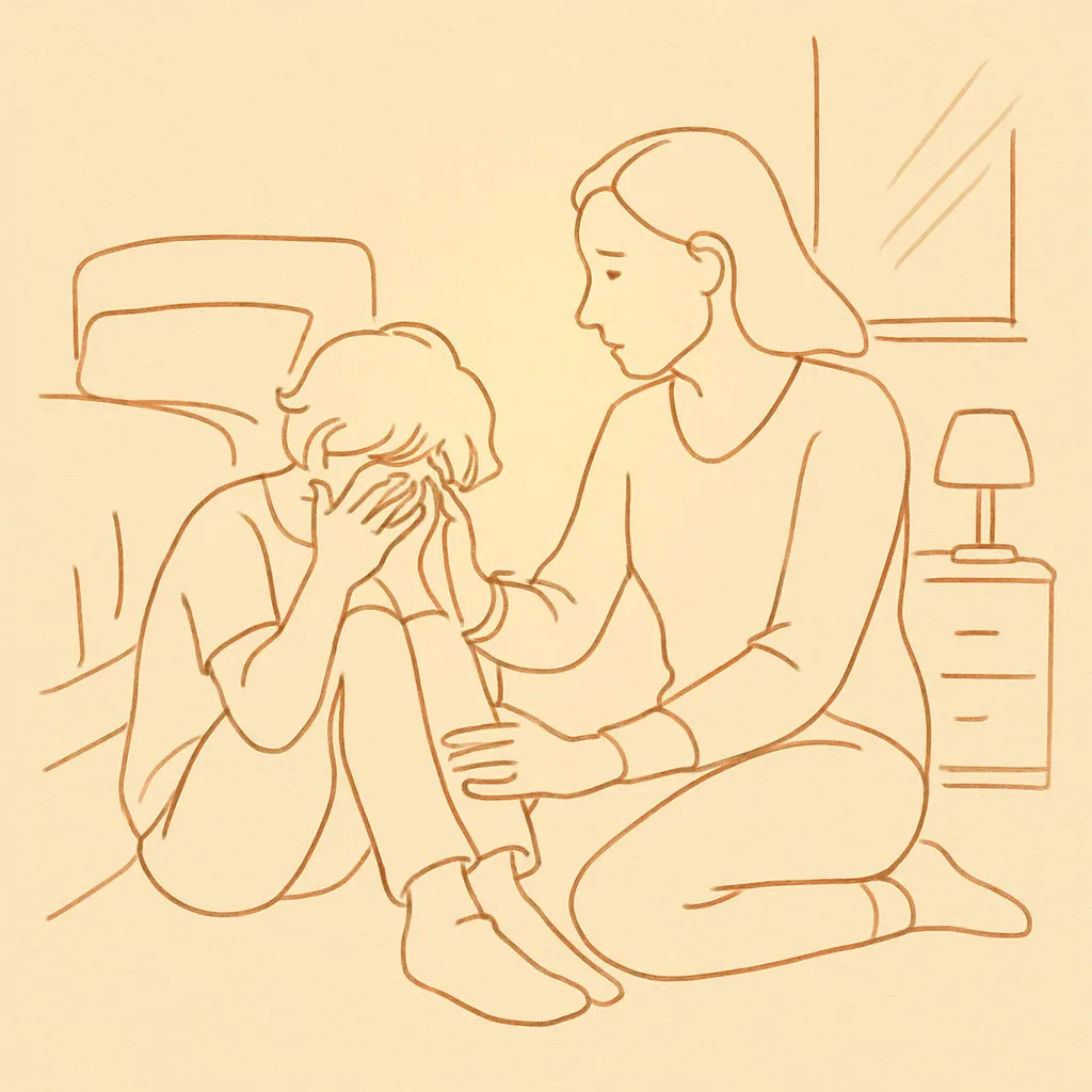 Line art of a teen sitting on a bedroom floor crying, parent sitting beside, soft warm light