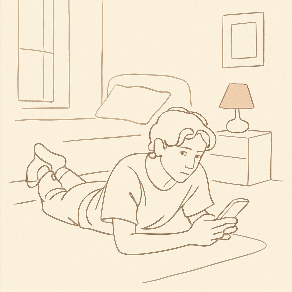Line art of a teen on a bedroom floor with a phone in hand, soft afternoon light