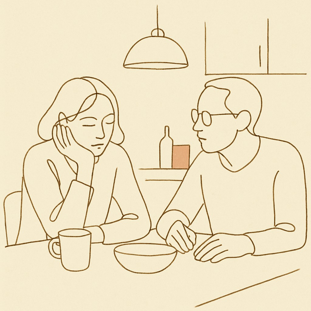 Line art of a teen and parent at a kitchen table, soft warm light