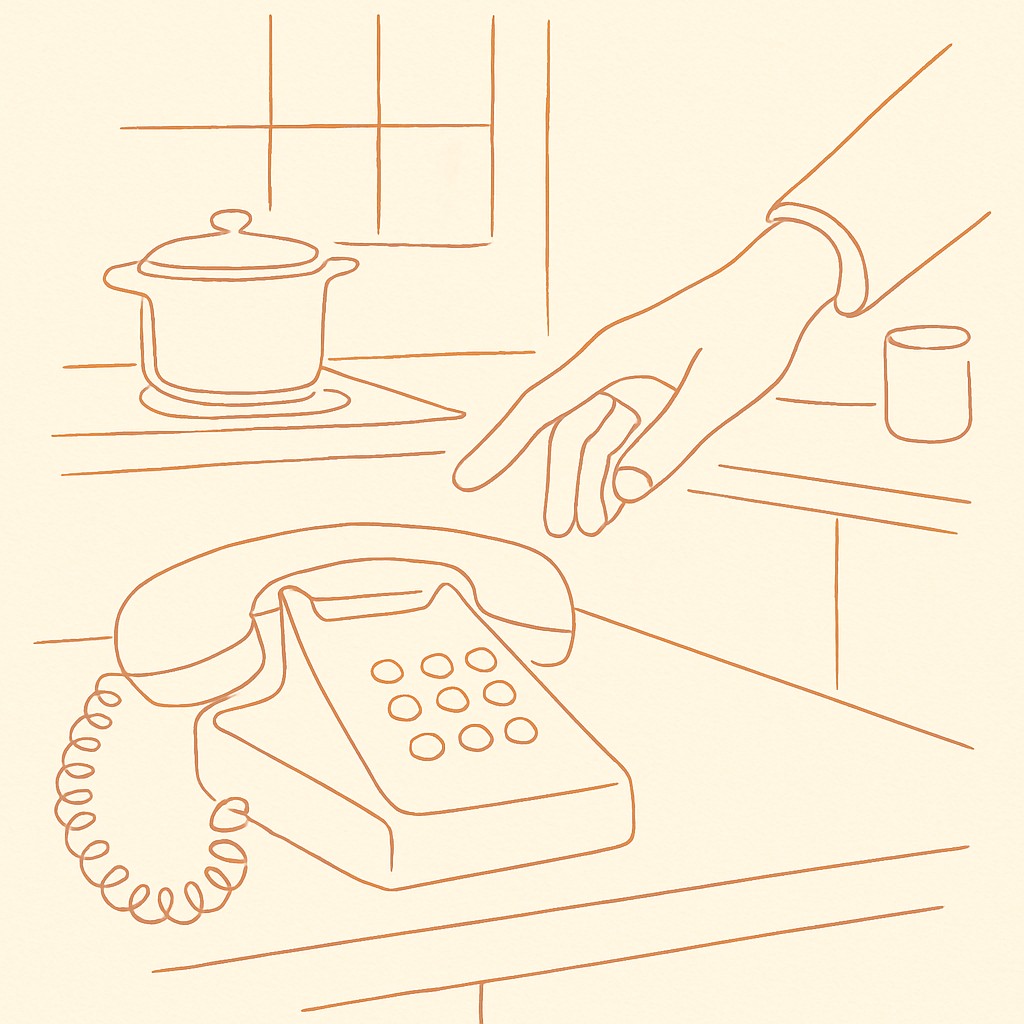 Line art of a phone on a kitchen counter mid-call, parent's hand reaching for it, soft warm light
