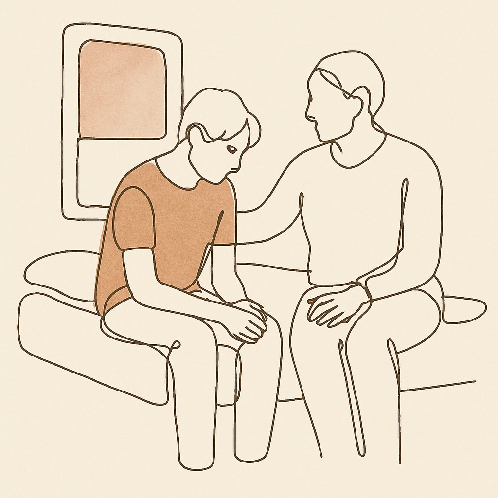 Line art of a teen sitting on the edge of a bed, parent sitting beside, soft window light